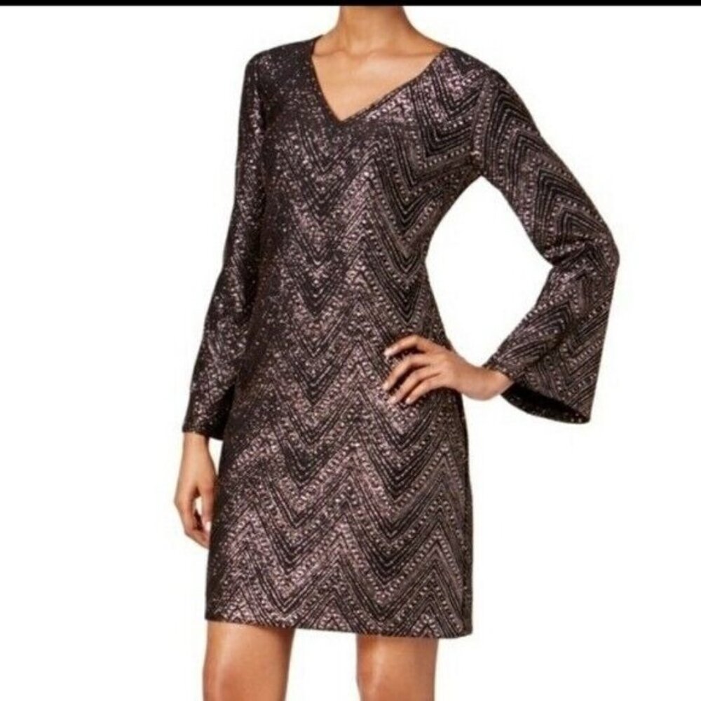 Jessica Howard Dress Women 24W Metallic Black Rose Gold Bell Sleeve Zipper Back